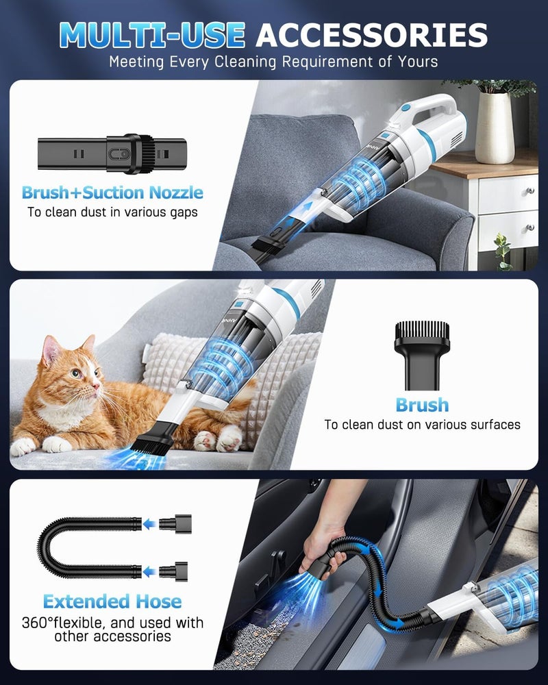 AHNR Handheld Vacuum Cordless, 16000PA Powerful Suction Hand Held Vacuum Dust Busters Cordless Rechargeable with LED Light & 2 HEPA Filters, Portable Car Vacuum Cleaner High Power for Car Home Office - Image 3